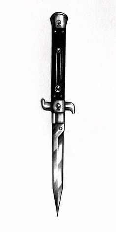 a black and white drawing of a knife with two knives stuck in it's blade