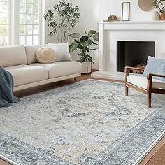 BEIMO Area Rugs 3x5 Machine Washable Vintage Distressed Print Blue Floral Medallion Accent Bedroom Living Room Throw Rug, Low Pile Ultra-Thin Lightweight Non Slip with Gripper