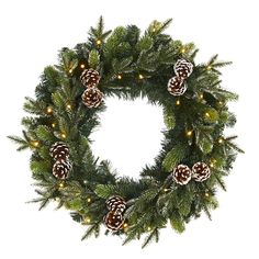 a christmas wreath with pine cones and lights