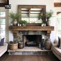 a living room filled with furniture and a fire place covered in potted plants on top of a mantle