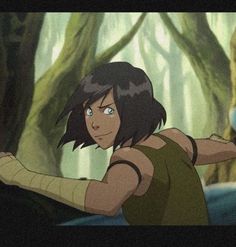 an animated image of a woman in the woods with her arm out and looking at something