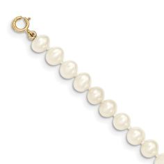 14k yellow gold 5-6mm white near round freshwater cultured pearl bracelet with spring ring clasp. Classic Jewelry With Extender, Classic White Jewelry With Extender, Cultured Pearl Bracelet, Cultured Stone, Pearl Chain Necklace, Gold Pendant Jewelry, Cultured Pearl Necklace, Egg White, White Necklace