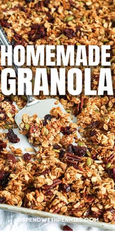 homemade granola in a baking dish with a spoon on top and the title overlay reads homemade granola