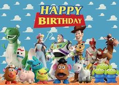 the characters from toy story are posed in front of a happy birthday sign