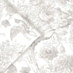 a white and grey floral wallpaper with birds on it's back ground,