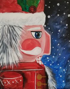 an acrylic painting of a nutcracker wearing a santa hat and scarf