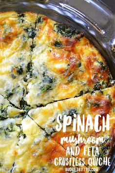 a quiche with spinach and cheese is shown in a casserole dish