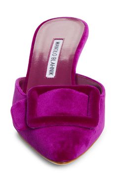 A wrapped buckle sets off the pointy-toe silhouette of this velvet mule that's set on a low kitten heel. 2" (51mm) heel Textile upper/leather lining and sole Made in Italy Designer Shoes Fitted Pointed Toe Mules For Cocktail, Luxury Kitten Heels With Buckle Closure For Evening, Fitted Evening Mules With Heel Strap, Formal Fitted Mules With Heel Strap, Luxury Fitted Pointed Toe Mules, Luxury Pink Pointed Toe Mules, Fitted Kitten Heels With Buckle Closure For Evening, Luxury Fitted Kitten Heels With Heel Strap, Fitted Kitten Heels With Buckle Closure For Party