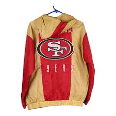 Description:Vintage The San Francisco 49ers red Nfl jacket, fits medium.GENDER: mens CONDITION: good - mark on the front as pointed out.STYLE: jacketERA: 1990sCOLOUR: redFABRIC: polyester Red Throwback Outerwear For Sports Events, Jacket Fits, Wholesale Shoes, Russell Athletic, San Francisco 49ers, Beauty Bag, Cardigan Coat, Active Wear Tops