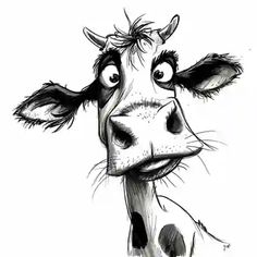 a black and white drawing of a cow's face looking at the camera with eyes wide open