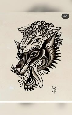 a drawing of a wolf head on the side of a wall