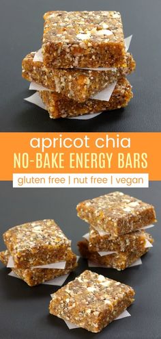 no - bake energy bars are stacked on top of each other with text overlay