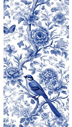 a blue and white floral wallpaper with a bird on it's branch surrounded by flowers