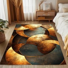 a large rug in the middle of a bedroom with gold and blue circles on it