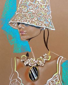 a drawing of a woman wearing a hat with flowers on her head and necklace around her neck