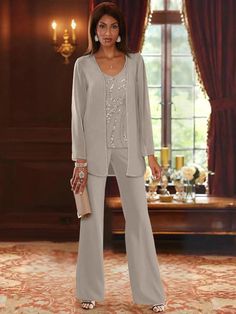 Chiffon V-Neck 3 Pieces Mother of the Bride Pantsuits with Jacket & Se - Mondressy Mother Of The Bride Pants Outfit, Mother Of The Bride Pantsuits, Bride Pantsuit, Mother Of The Bride Trouser Suits, Mother Of The Bride Suits, Ideas For Clothes, Sequin Sleeve, Mother Of The Bride Outfit, Pant Suits