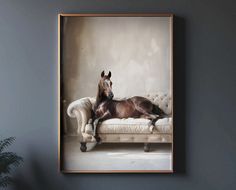 a horse laying on top of a couch next to a potted plant in a room