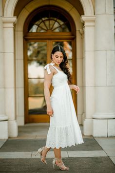 white eyelet midi dress, eyelet sundress, white sundress, white midi dress for bride Eyelet Midi Dress, Column Skirt, Honeymoons, White Eyelet, Bridal Showers, Wardrobe Staples, Bridal Shower, Bodice, White Dress