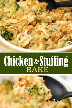 chicken and stuffing bake in a casserole dish with broccoli on the side