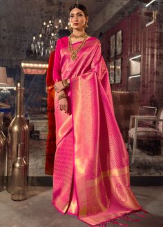 ROYAL PRINCESS GOLDEN PINK WOVEN KANJIVARAM 145006 Desc: Elegancy and Simplicity of this Kanjivaram saree easily attract eyes. With exquisite design spread across the length of the saree it is perfect for any occasion.Saree length : 5.5 meterBlouse piece :  0.8 meterFabric : Blended silk. With Express Free Shipping Buy Indian Party wedding wear Kanchipuram Silk Saree ROYAL PRINCESS GOLDEN PINK WOVEN KANJIVARAM 145006 online in USA, UK and Canada from KollyBollyEthnics.com Golden Saree, Kanjivaram Sarees Silk, Kanjivaram Saree, Silk Saree Kanchipuram, Ghagra Choli, Art Silk Sarees, Kanjivaram Sarees, Banarasi Saree, Silk Sarees Online