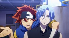 two anime characters one with blue hair and the other red