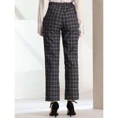 These pants are essential for dressing up or down. Lightweight fabric, covered in a plaid pattern, shapes these trendy trousers with a high-rise fit. How it is a bit high waist and how it gathers at the waist adding shape to the body. You may love everything about these trousers, from their regular fit to the elastic high-waist, which could double as a hiding mechanism for women with love handles. Style these trousers with a crop top and heels for the ultimate look. This fashionable and trendy c Trendy Plaid Bottoms For Winter, Plaid Pants For Workwear, Trendy Plaid Winter Bottoms, Black Houndstooth Bottoms For Winter, Houndstooth Pattern Bottoms For Winter Workwear, Winter Houndstooth Bottoms For Workwear, Black Houndstooth Winter Bottoms, Plaid Pants For Business Casual, Plaid Casual Pants For Business Casual