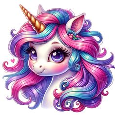 a unicorn with pink hair and blue eyes is shown in this cartoon character drawing style