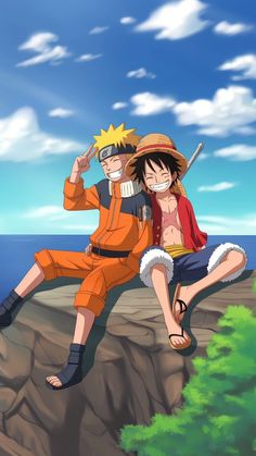 naruto and sashirt sitting on the edge of a cliff with their arms around each other