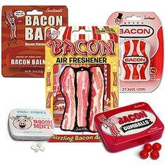 bacon, bacon air freshener and bacon mints are on display