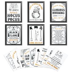 six halloween printables are displayed in black and white