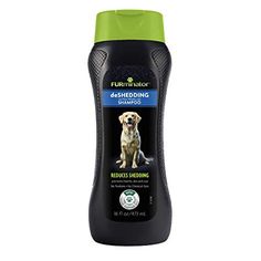 a bottle of shampoo with a dog on the front and green cap sitting next to it