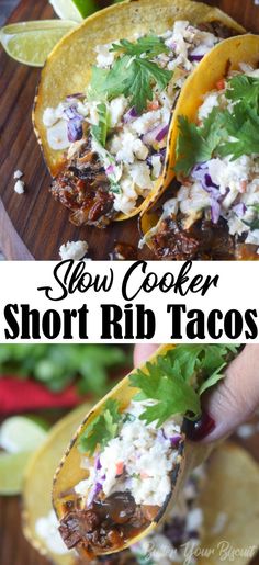 slow cooker short rib tacos with shredded cheese and cilantro