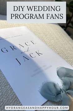 a wedding program with the words grace and jack written on it, sitting on a couch