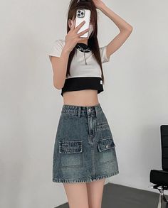 Vintage Blue Front Pocket Denim Skirt | Miyeon - (G)I-DLE XXL Kpop Dress, Laid Back Outfits, Fashion Chingu, Denim Midi Skirt, Music Festivals, Pink Plaid, Types Of Skirts, Outdoor Adventures, Easy Wear