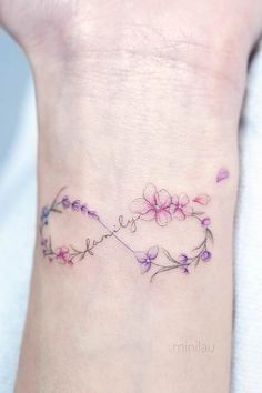 a small wrist tattoo with flowers on it