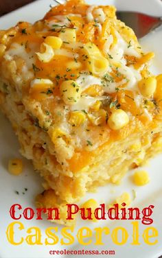 corn pudding casserole on a plate with a fork