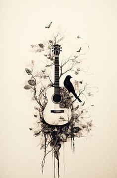 a black bird sitting on top of a guitar next to a tree with birds flying around