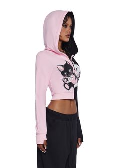 This zip-up hoodie has a soft stretchy knit construction, a contrast color design, front graphic prints of a kitten and a bunny, an attached hood, long sleeves with thumbholes, a cropped fit, and a front zipper closure. Y2k Fitted Long Sleeve Hoodie, Fitted Y2k Long Sleeve Hoodie, Fitted Y2k Long-sleeved Hoodie, Fitted Long Sleeve Y2k Hoodie, Pink Hooded Y2k Hoodie, Pink Y2k Hooded Hoodie, Pink Y2k Hoodie For Fall, Pink Y2k Style Hoodie For Fall, Fitted Hooded Graphic Hoodie