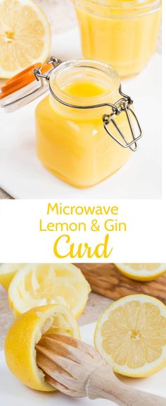 lemon and gin curd in mason jars on a cutting board