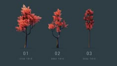 four different types of trees with red leaves on them, and the numbers in each tree are