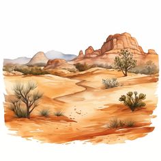 a desert scene with mountains and trees in the foreground, watercolor on paper