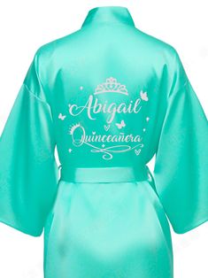 Mint with Silver robe for quinceanera Personalized Quince Robe, Elegant Green Gown For Sweet 16, Personalized Bathrobe, Money Card Box, Quinceanera Bouquet, Quinceanera Tiaras, Cake Knife Set, Quinceanera Cakes, Personalized Robe