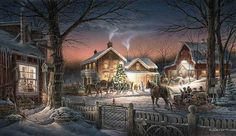 a christmas scene with horses pulling a sleigh