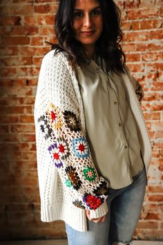 Floral Sleeves, Spring Months, Floral Cardigan, Floral Crochet, Floral Sleeve, Crochet Cardigan, Creamy White, White Color, Most Beautiful