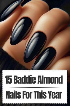 Black Almond Acrylic Nails Design, Black Medium Almond Nails, Black Nails With Design Ideas Almond, Almond Nail Inspo Trendy, Rounded Almond Acrylic Nails, Matte Black Nails Almond, Almond Point Nails, Almond Tips Nails, Almond Black Nails Design