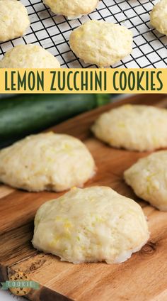 lemon zucchini cookies on a cooling rack and in the background are cucumbers