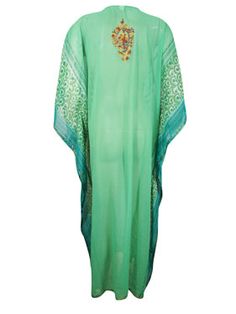 This V-neck Kaftan Maxi Dress from our Cruise Resort Wear collection offers effortless style with a retro-inspired silhouette. Featuring sheer green fabric with a relaxed fit, perfect for any cruise resort getaway. Lightweight and one size fits all. This stylish Kaftan Maxi Dress offers an on-trend 70s vintage aesthetic with its hand-embroidered sheer georgette fabric and beautiful floral pattern. Easy to wear and perfect for a range of occasions, this maxi dress is great for beach weddings, fes Green V-neck Maxi Dress For Beach Cover-up, Summer V-neck Chiffon Kaftan, Green Chiffon Maxi Dress For Vacation, Elegant Green Maxi Dress For Festival, Green V-neck Kaftan For Vacation, Green V-neck Maxi Dress For Vacation, Elegant Green Beach Cover-up Dress, Elegant Green Dress For Festival, Green Maxi Length Kaftan For Spring