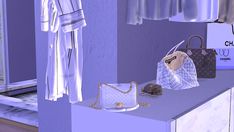 a purple room with clothes and purses on the counter next to a white dress