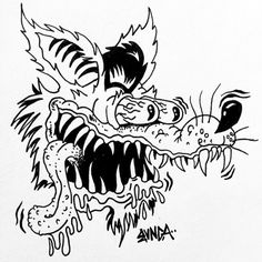 a black and white drawing of a dragon with its mouth open, on a white background