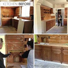 the kitchen is being remodeled with wood paneling